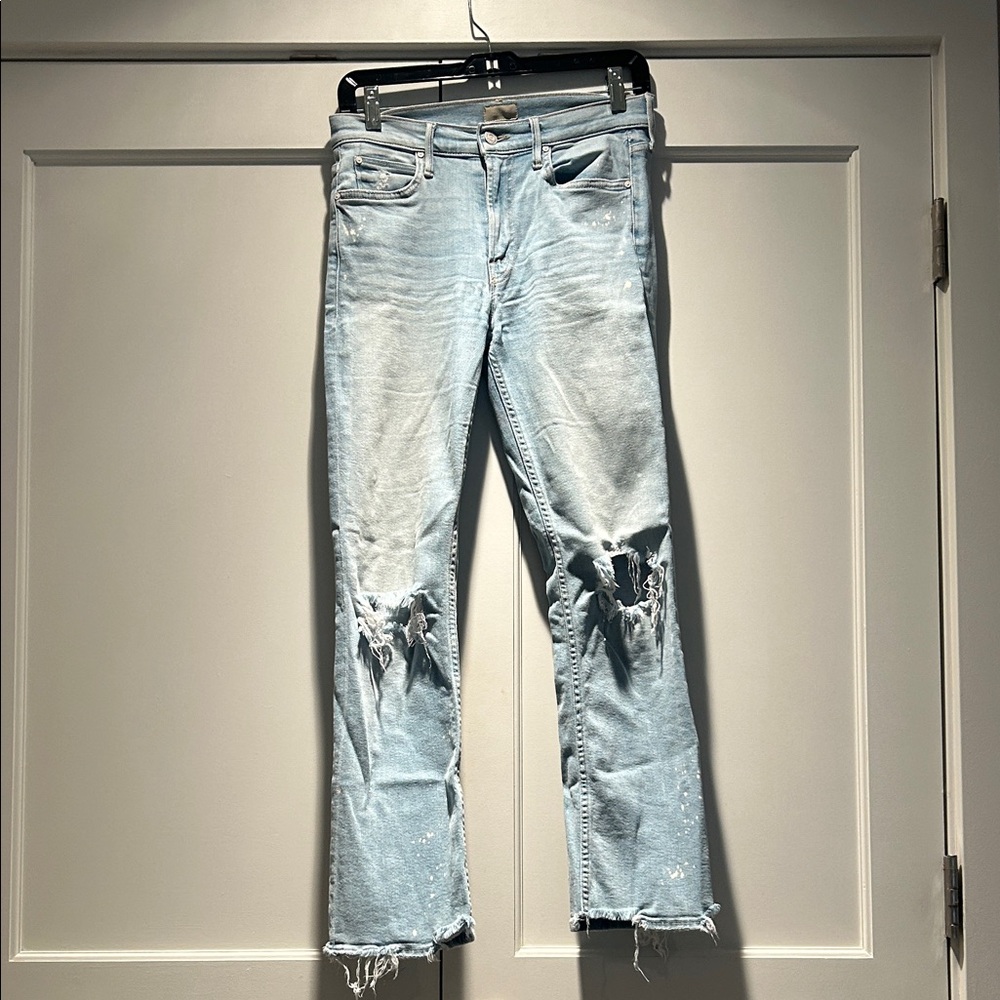 MOTHER The Dutchie Light Blue Distressed Straight Leg Jeans